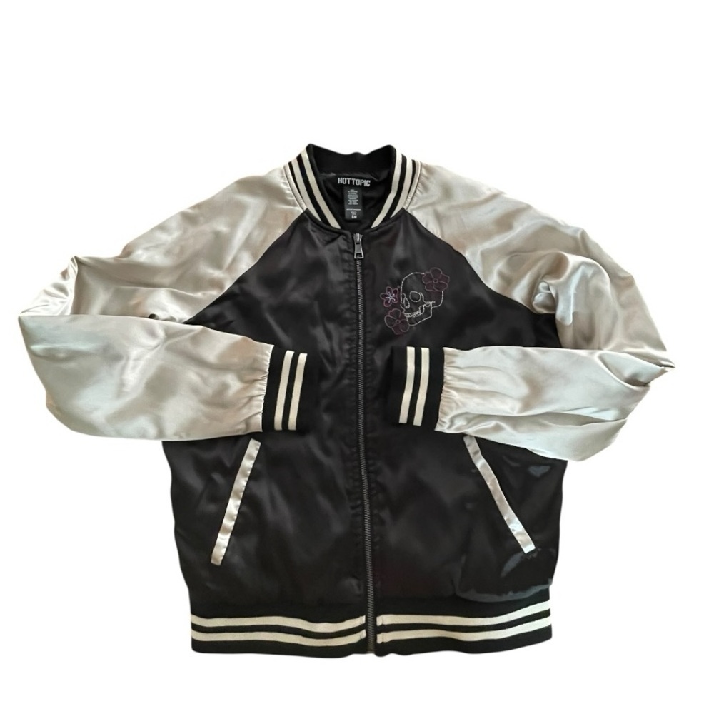 Hot Topic Embroidered Skull Satin Bomber Jacket - Black & Ivory - Picture 13 of 15